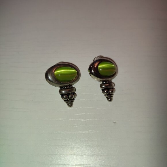 Green Cat Eye Roman Style Eaarrings Academia Silver Vintage - Picture 3 of 5